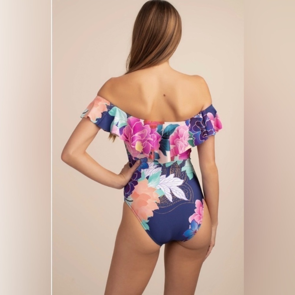 Trina Turk Opulent Oasis Off Shoulder Ruffle Bandeau One Piece Swimsuit - Picture 5 of 14